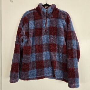 Eddie Bauer Womens XL Fleece Pullover Plaid Quarter Zip Cozy Warm Comfy Blue Red